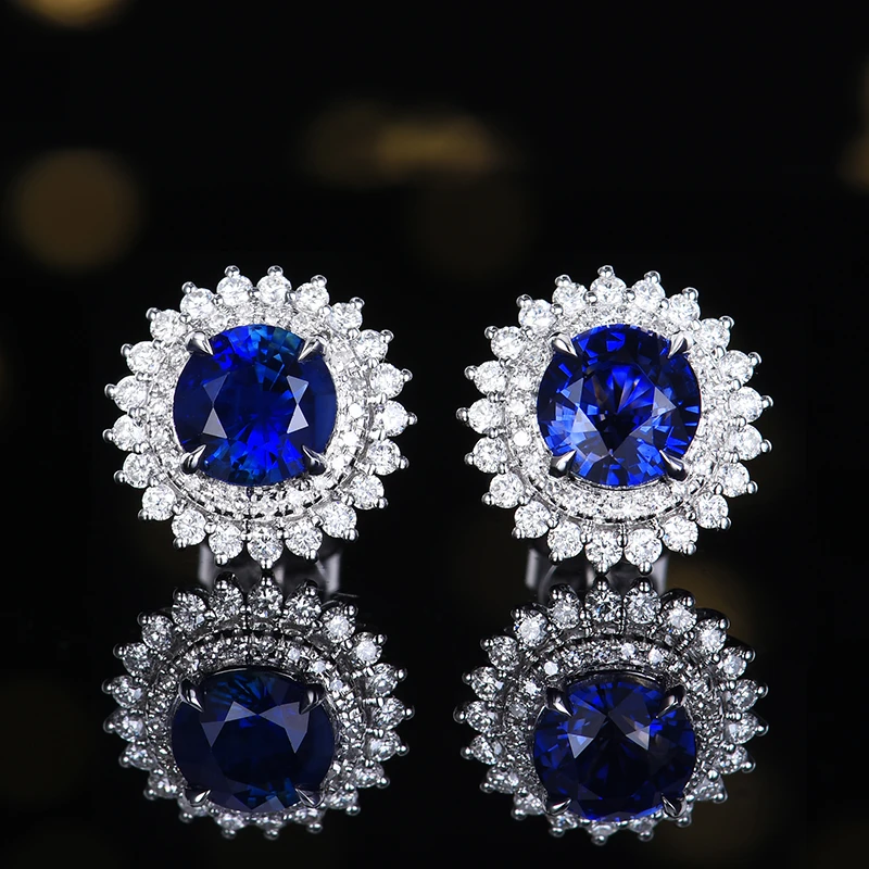 2.14克拉18K金天然斯里兰卡蓝宝石耳钉镶嵌钻石86颗附带GRC证书
