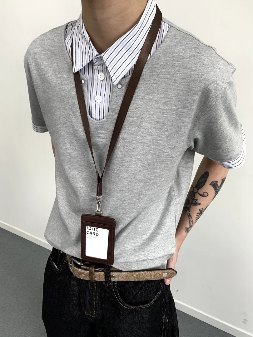 MADEEXTREME 小众复古假两件设计拼接条纹polo领叠穿长袖打底衫