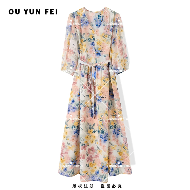 女装连衣裙礼服气质网红复古中式印花时尚国风长款收腰优雅F1138