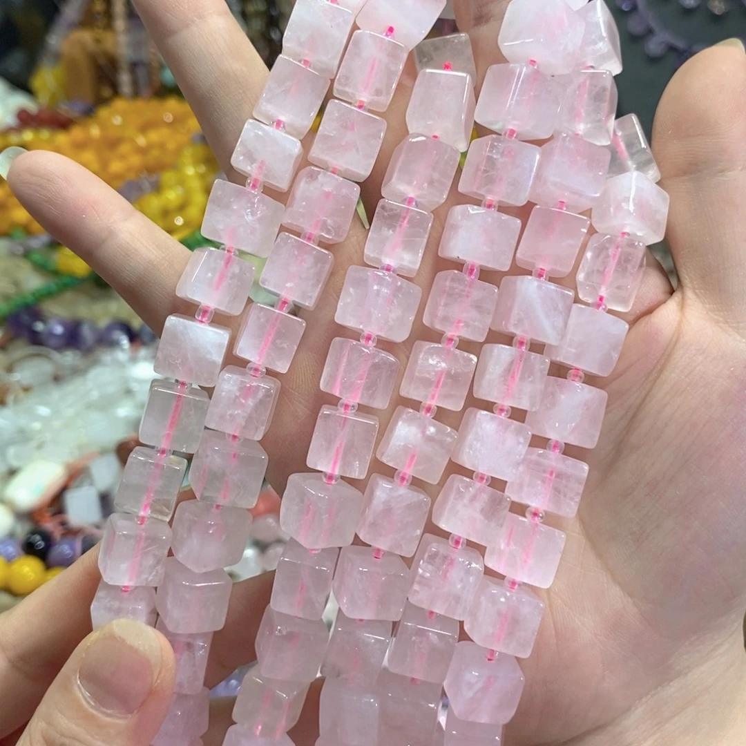 玛瑙/玉髓足银镀金镶嵌珠宝半成品粉晶方糖一条卡10mm