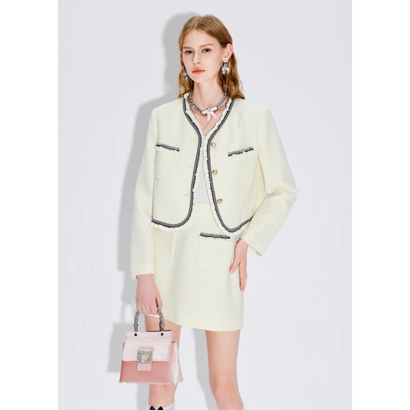 missCOCOON【拾光纪】春新款撞色钩花木耳边通勤小香风两件套