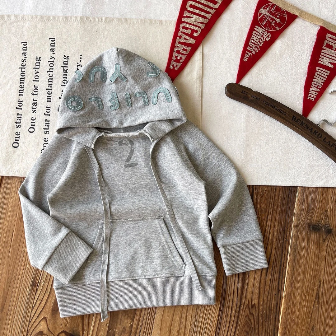 【定制清仓】日系中古童装DD儿童英文贴布连帽卫卫衣上衣