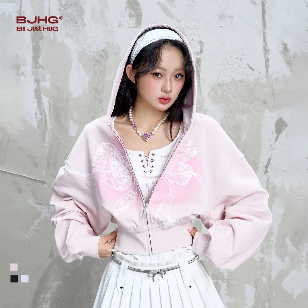 【专属】BJHG美式短款连帽卫衣女款春季潮牌蕾丝休闲宽松开衫外套