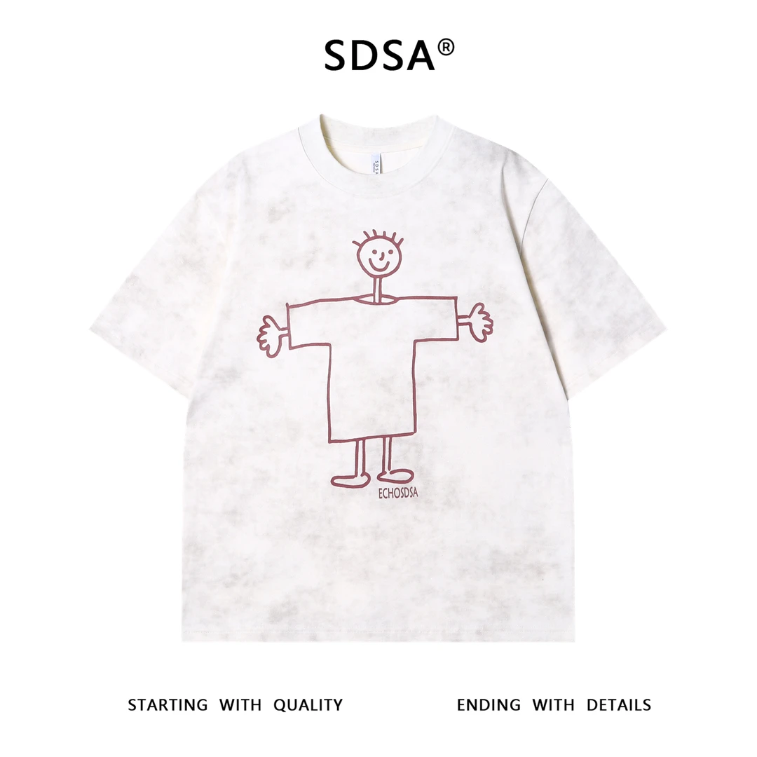 夏季高级感新款男士扎染线条小人印花圆领短袖T恤百搭宽松上衣