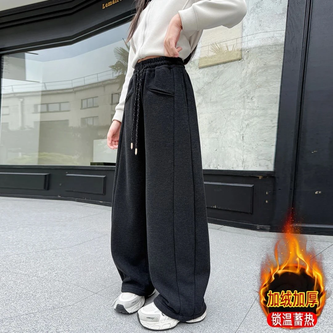 女童密密绒休闲裤加厚保暖2025新款中大童休闲弯刀裤加绒显瘦洋气