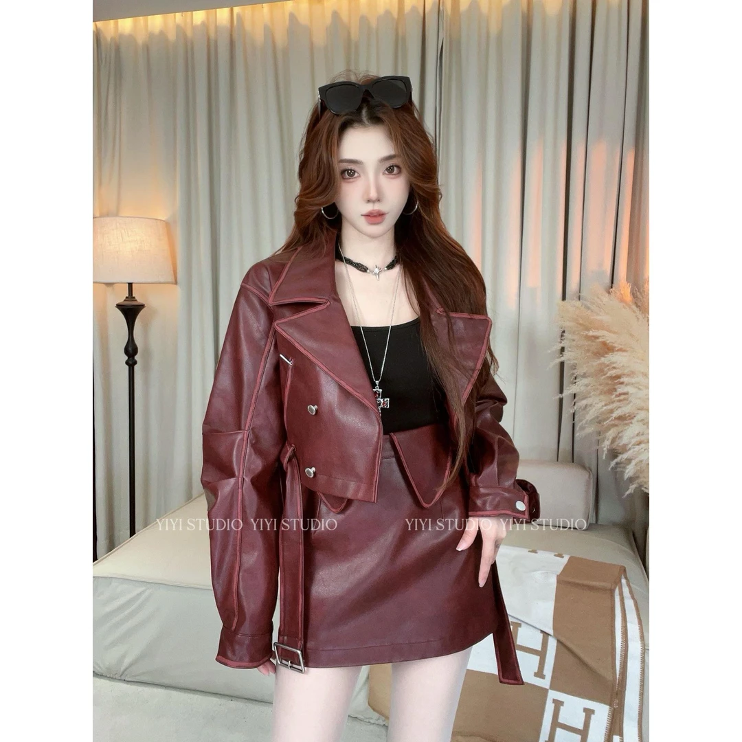 【古着印记】秋冬新款重工酷擦色皮衣外套高腰短裙套装设计感#152