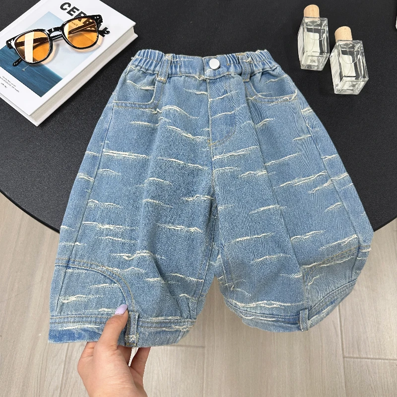 儿童牛仔裤2025夏季新款时髦洋气百搭韩版中小童男童毛边七分裤
