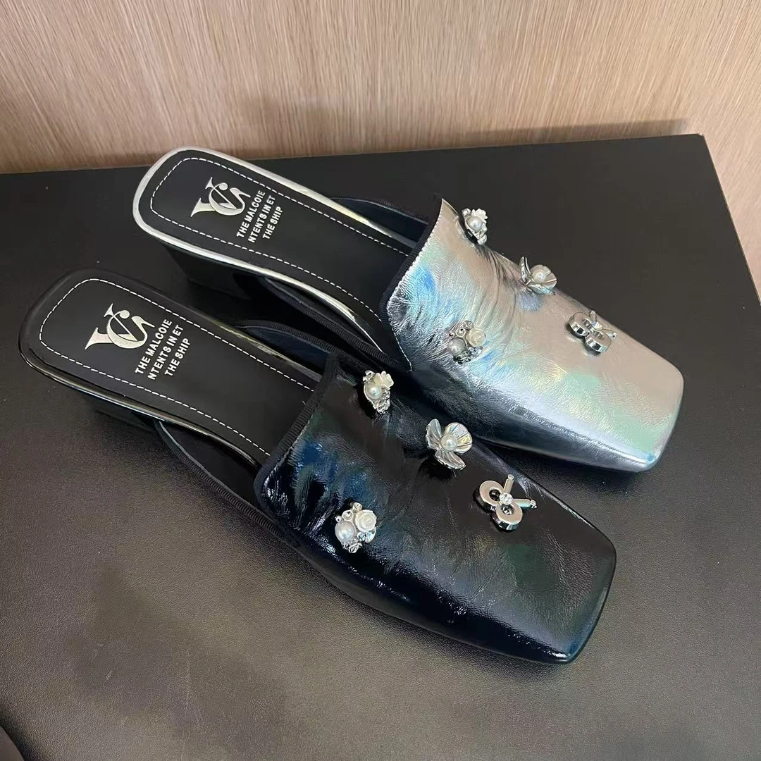 【Harviss】2025春夏季新款牛皮方头金属纹粗跟时尚百搭拖鞋5cm