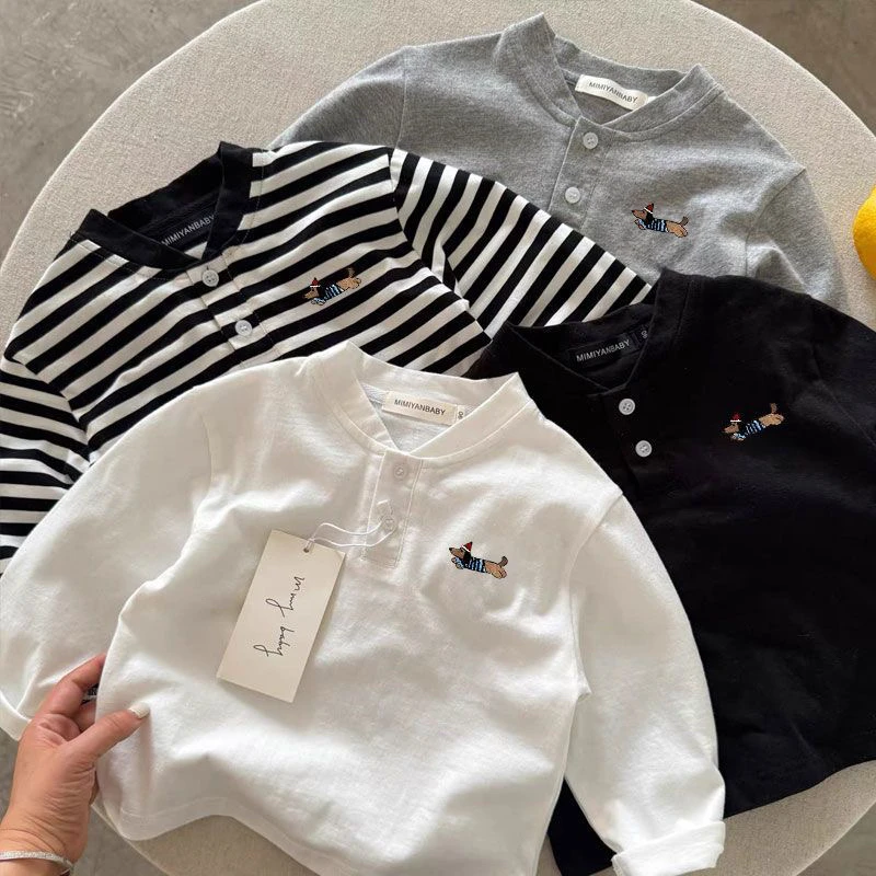 儿童POLO衫春秋童装男童卡通小狗长袖T恤宝宝中小童立领外穿上衣