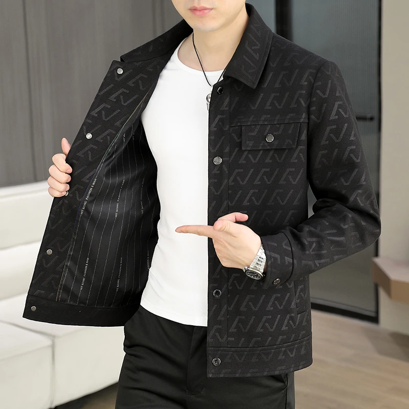 男士春秋季翻领夹克商务休闲时尚百搭短款长袖高级感男士帅外套男