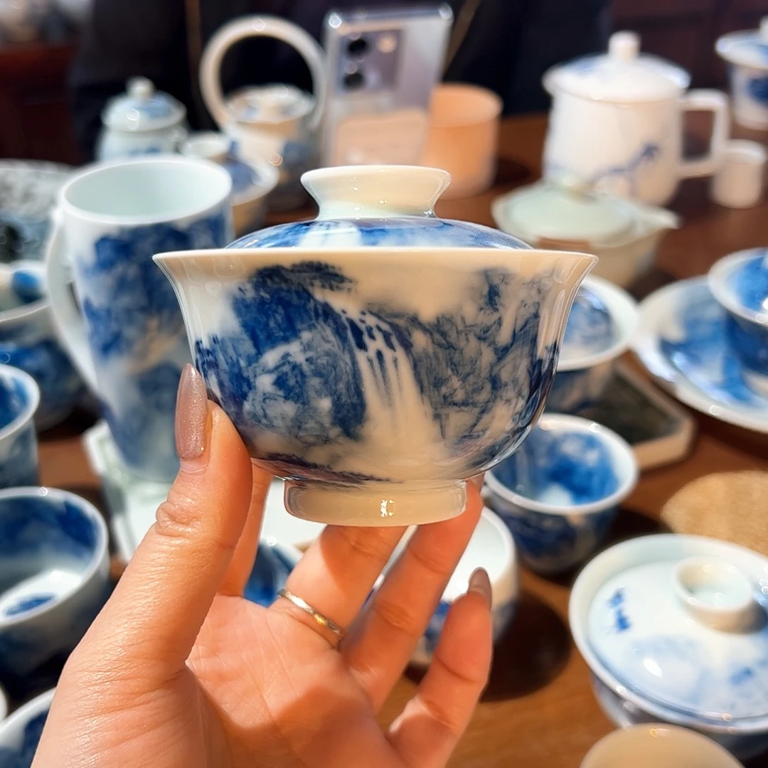 杯阿*青花手绘山水盖碗