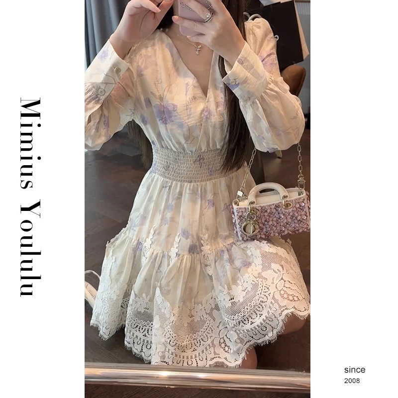 【mimius】&喵喵 温柔风V领收腰蕾丝拼接连衣裙 G03188