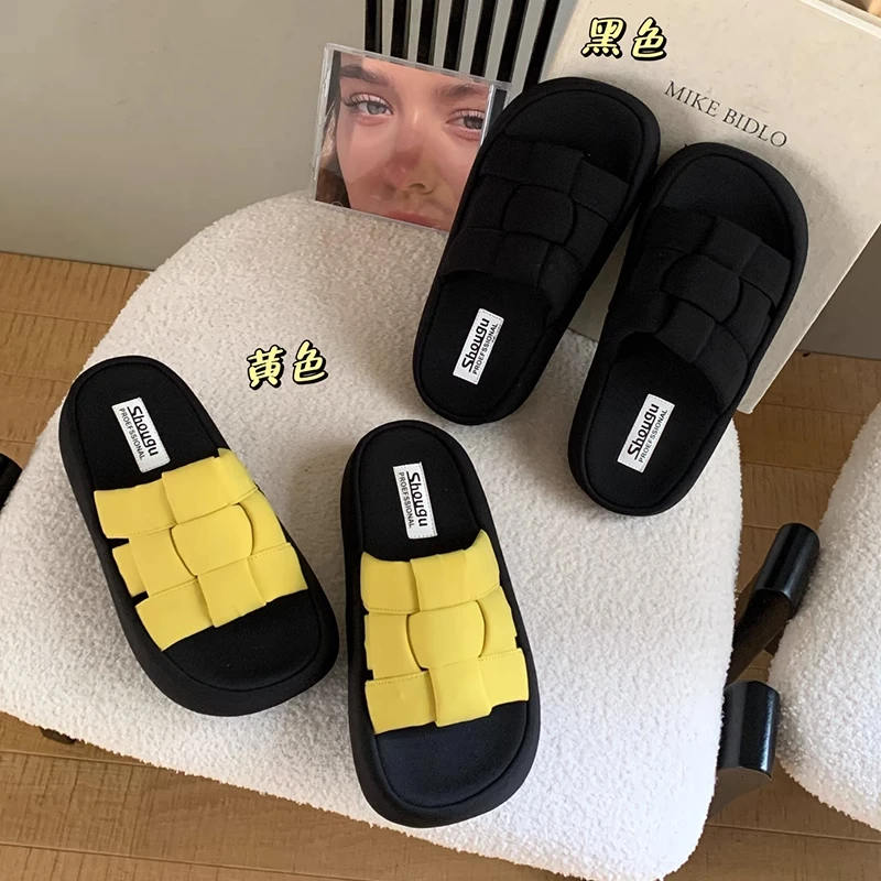 厚底面包拖鞋女外穿2025新款夏季配裙子编织一脚蹬懒人布面凉拖鞋