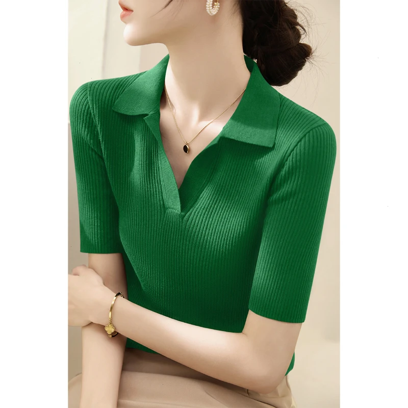 夏季2025新款OLO领莱赛尔天丝打底上衣修身显瘦V领五分袖针织衫女