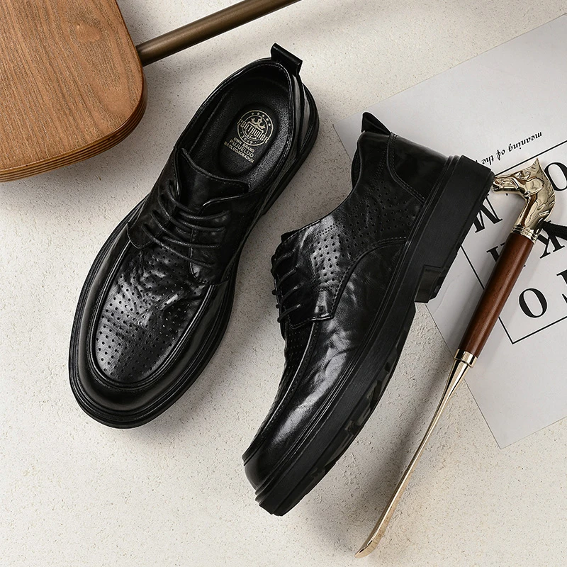 1321皮鞋男夏季透气打孔镂空男士休闲潮流百搭软底时尚系带凉鞋男