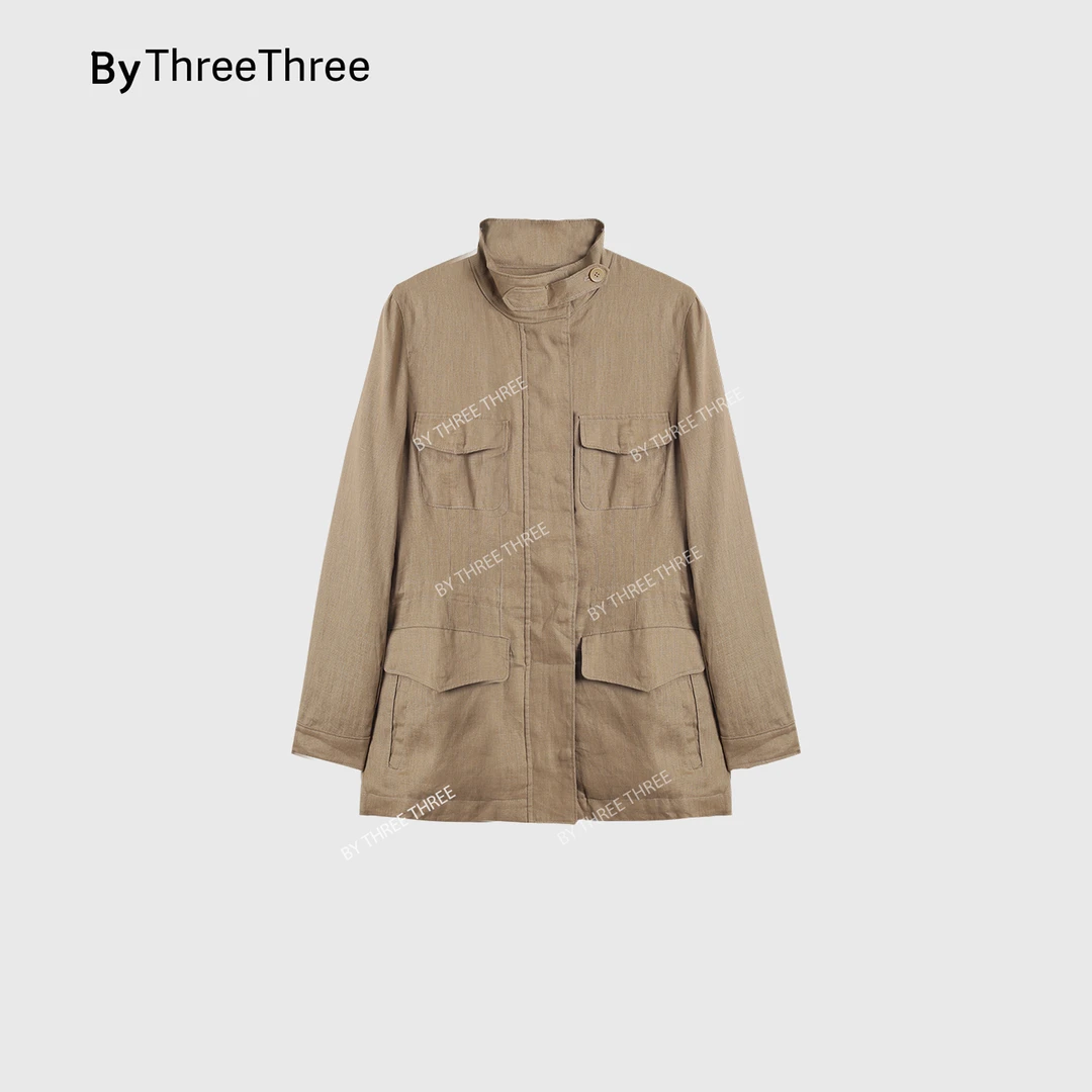【THREES早春新款】新款休闲百搭老钱风中长款LP猎装亚麻外套