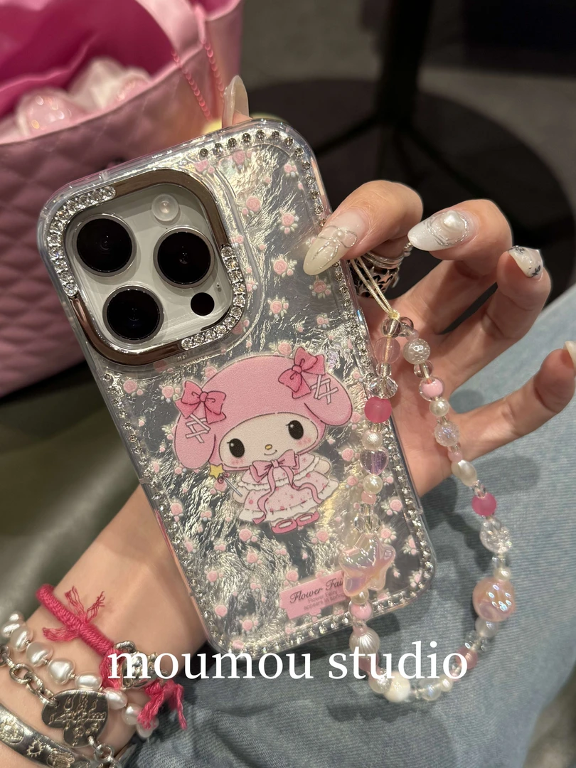 镭射羽纱粉碎花兔子适用于iPhone16Promax手机壳苹果15可爱14女13