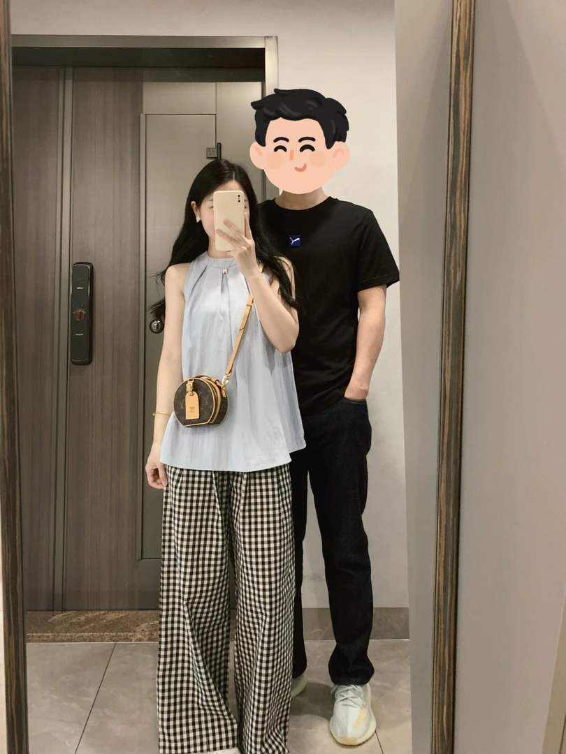 夏季洋气女装简约短袖套装时尚百搭格子直筒休闲裤宽松裤子两件套