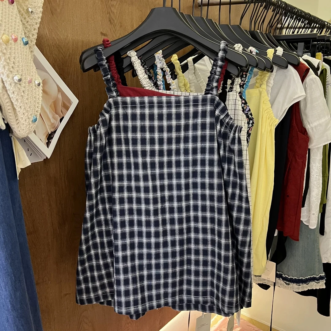 显瘦宽松大版格子无袖背心上衣012