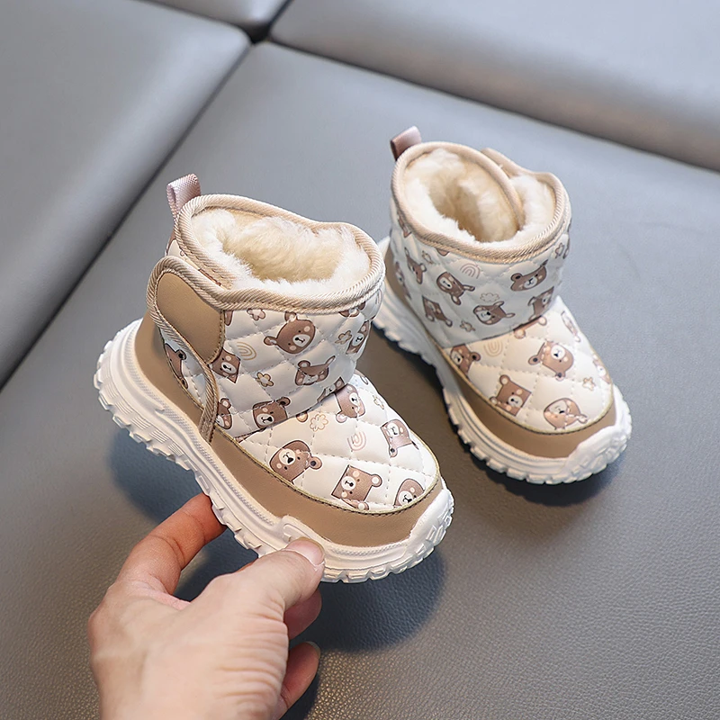 冬季新款雪地靴1-5岁男童加厚保暖棉鞋女童软底大棉鞋小童皮面靴