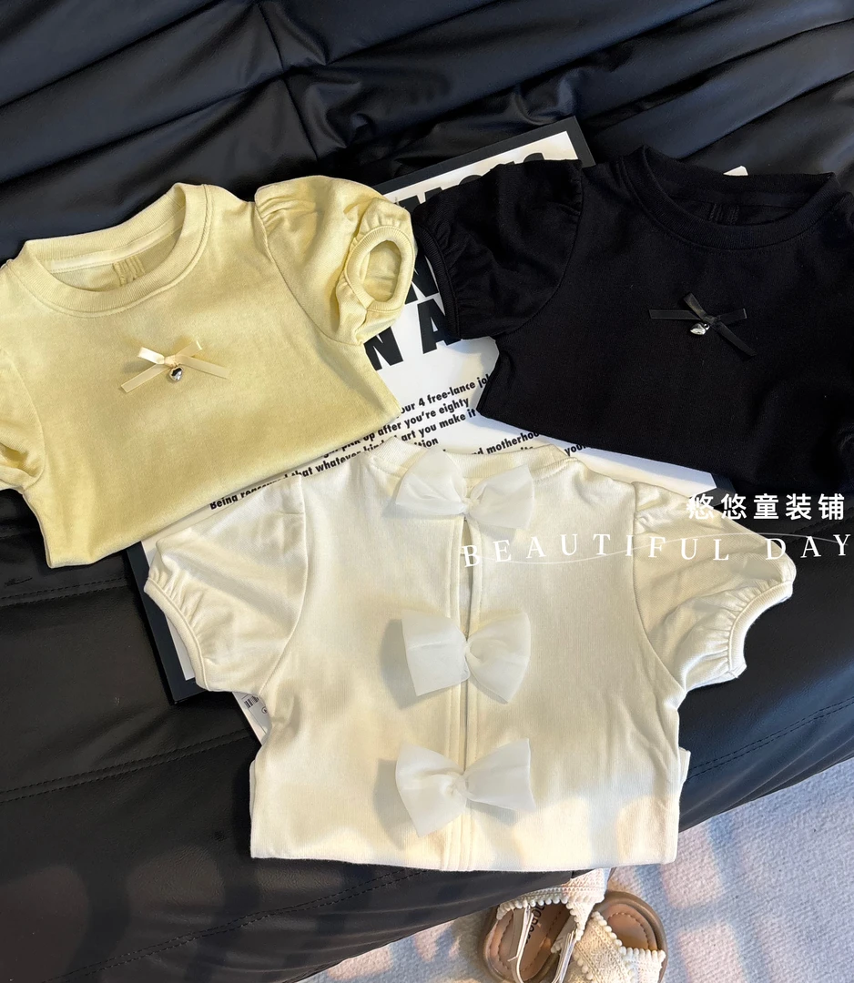 童装2025夏季女童后背镂空蝴蝶结紧身弹泡泡袖短袖T恤