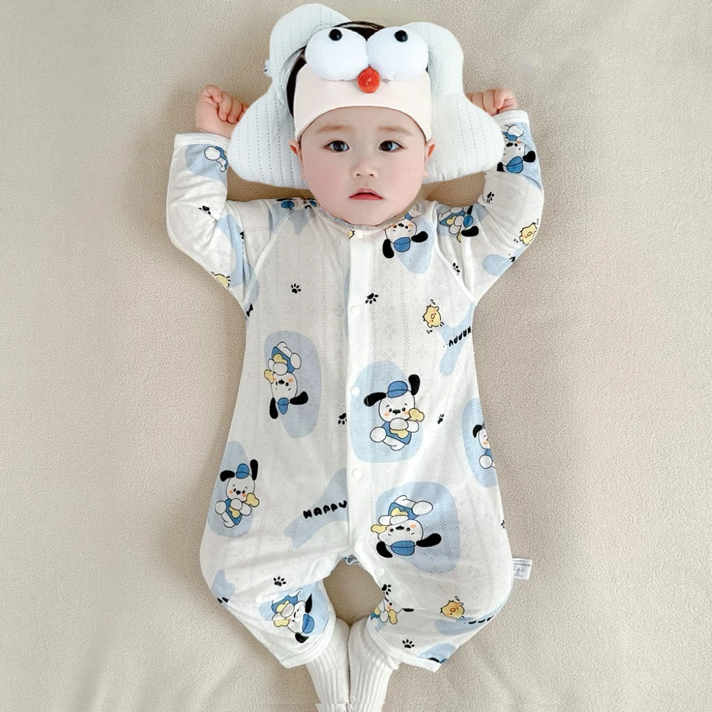婴儿夏季薄款竹纤维网眼连体衣长袖新生儿衣服男女宝宝空调服爬服