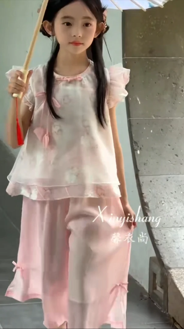 套头休闲家居服女新中式夏季碎花中国风印花女童韩版套装儿童大童