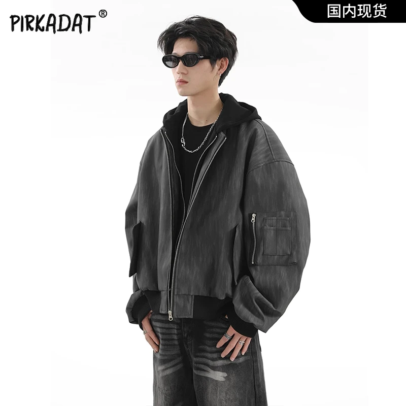 Pirkadat美式假两件连帽外套男复古PU皮衣休闲短款宽松男士夹克
