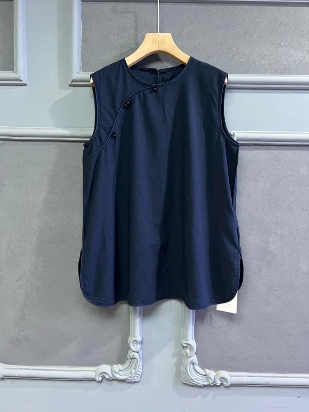 新中式轻国风夏季中长款开叉无袖亚麻女外穿马甲背心小衫