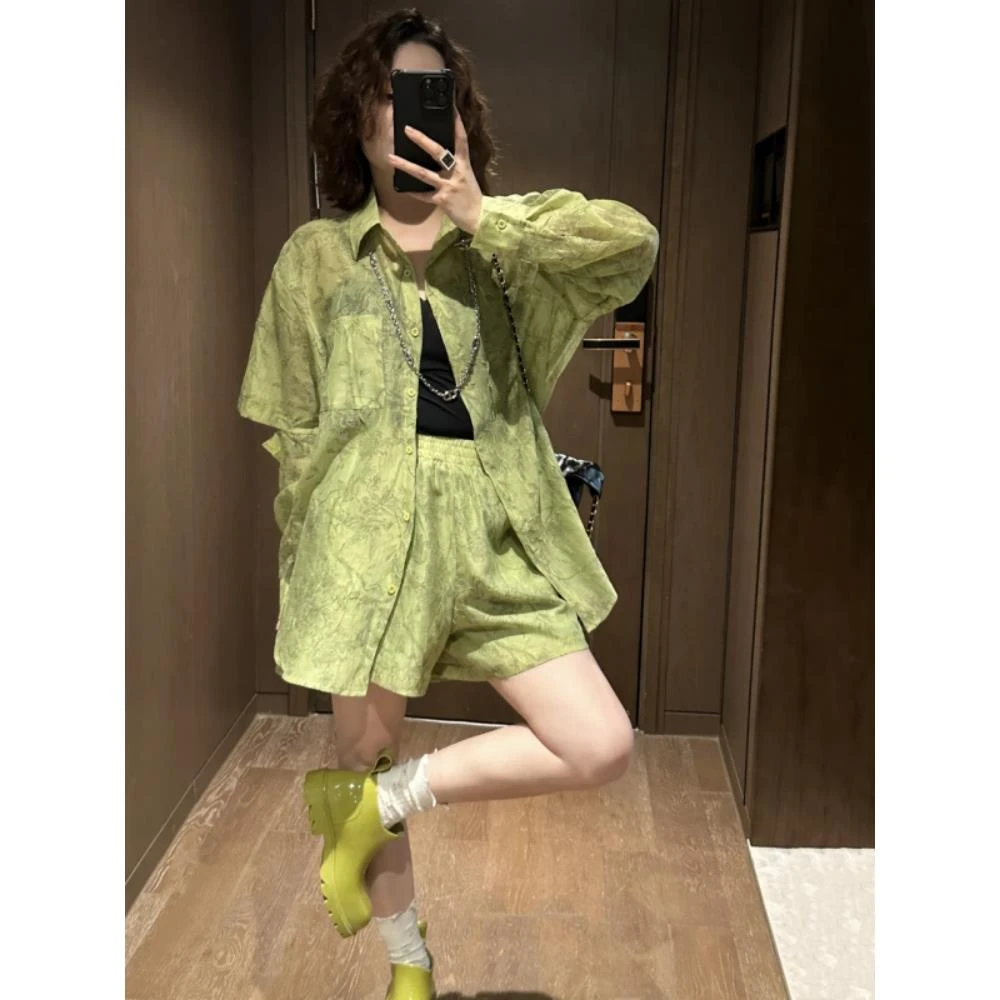 大码气质领衬衫两件套夏季新款胖洋气显瘦休闲短裤套装