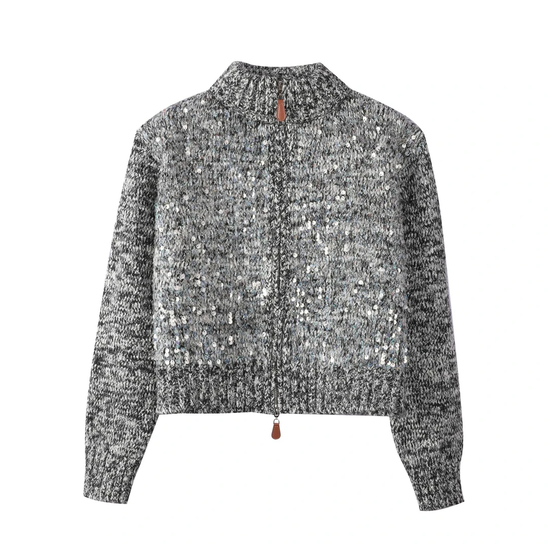 花灰色重工亮片中高领短款针织开衫女秋季新款复古洋气上衣小香风