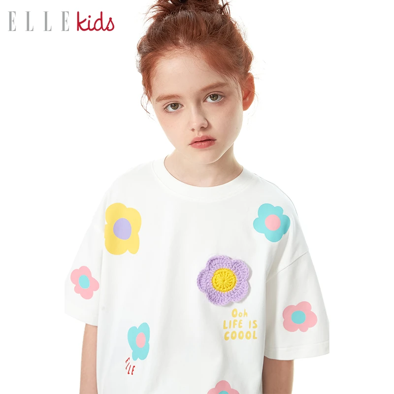 ELLE KIDS女童装花朵儿童时尚洋气趣味印花钩针花朵短袖T恤夏季A1