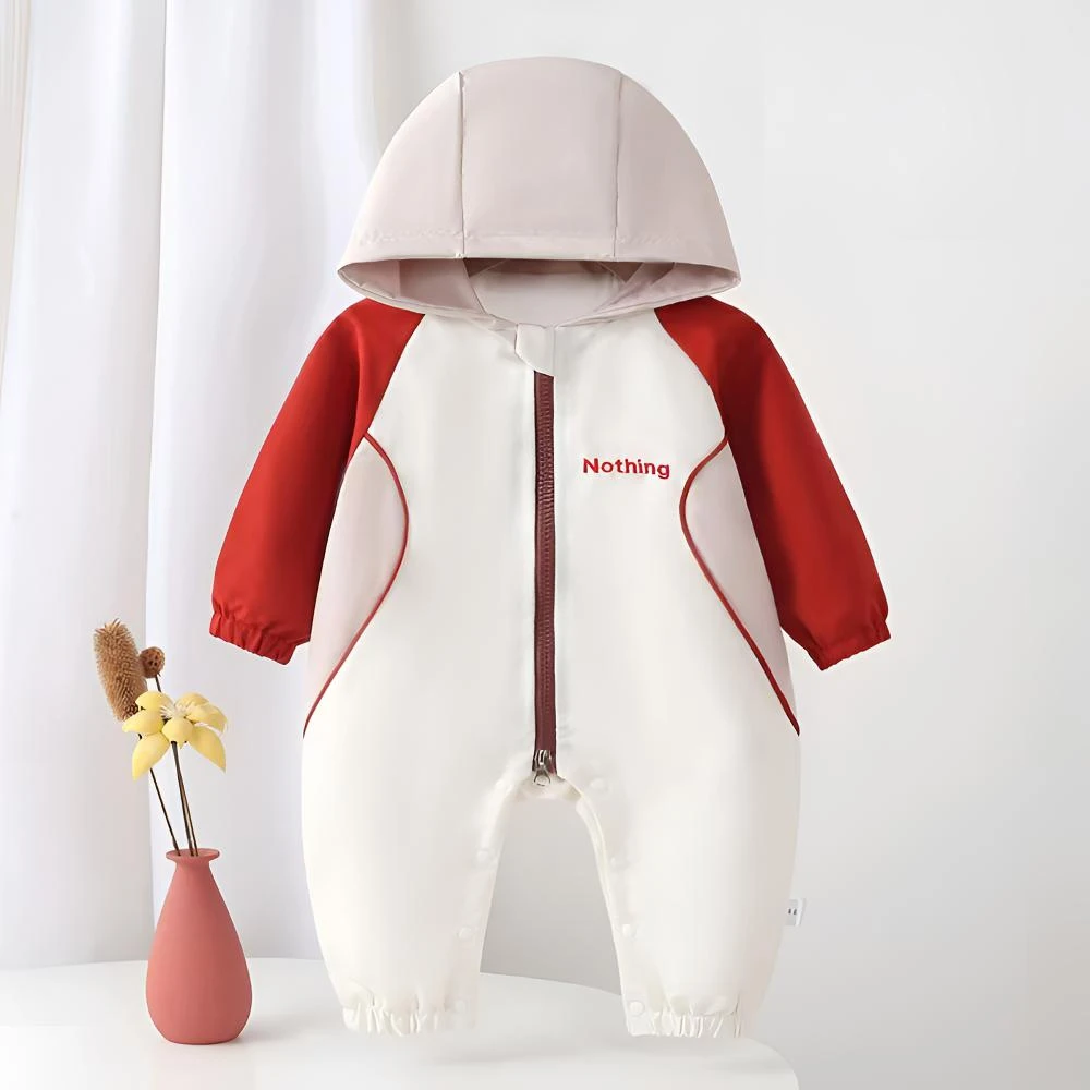 婴幼儿春秋季双层内衬纯棉冲锋衣连帽哈衣男女宝宝长袖连体外出服