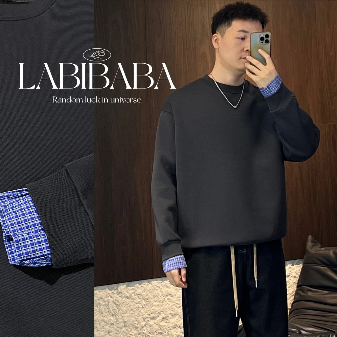 GL938秋季韩版假两件格子拼接卫衣休闲长袖简约圆领韩版宽松卫衣