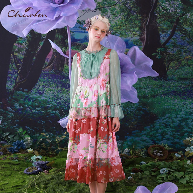 【达人】CHARFEN朝峰款气质显瘦轻奢印花长袖连衣裙女CFC1A362-395G