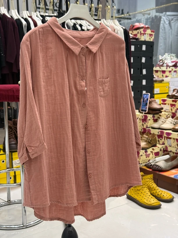 翻领双层棉纱五分袖衬衫文艺气质宽松显瘦夏季上衣