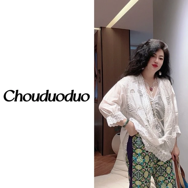 Chouduoduo 复古V领衬衫女钩花蕾丝宽松显瘦上衣