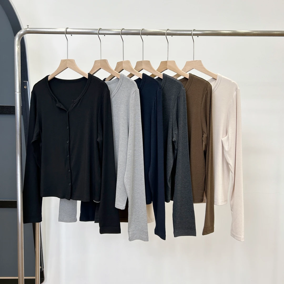 【若若美】X-1307慕斯圆领纽扣开衫休闲百搭外套纯色长袖打底上衣