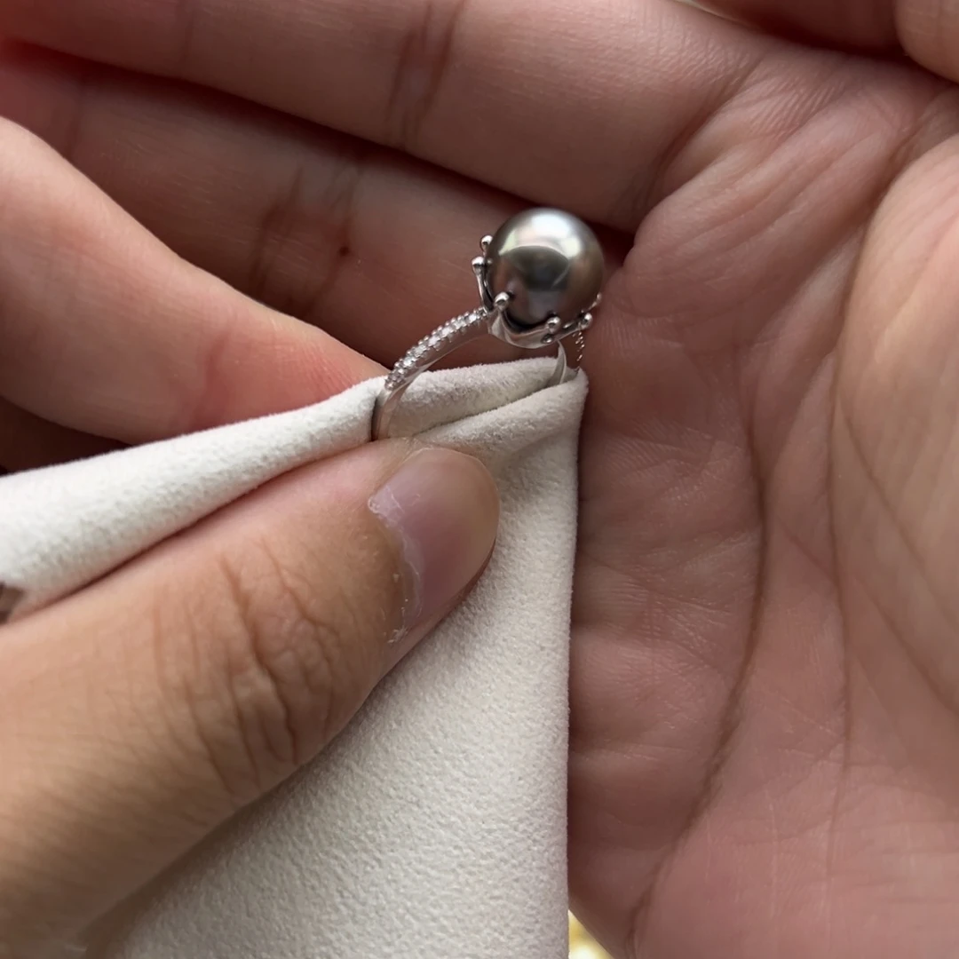 银S925镶嵌戒指海水珍珠9.7mm正圆海水大溪地戒指