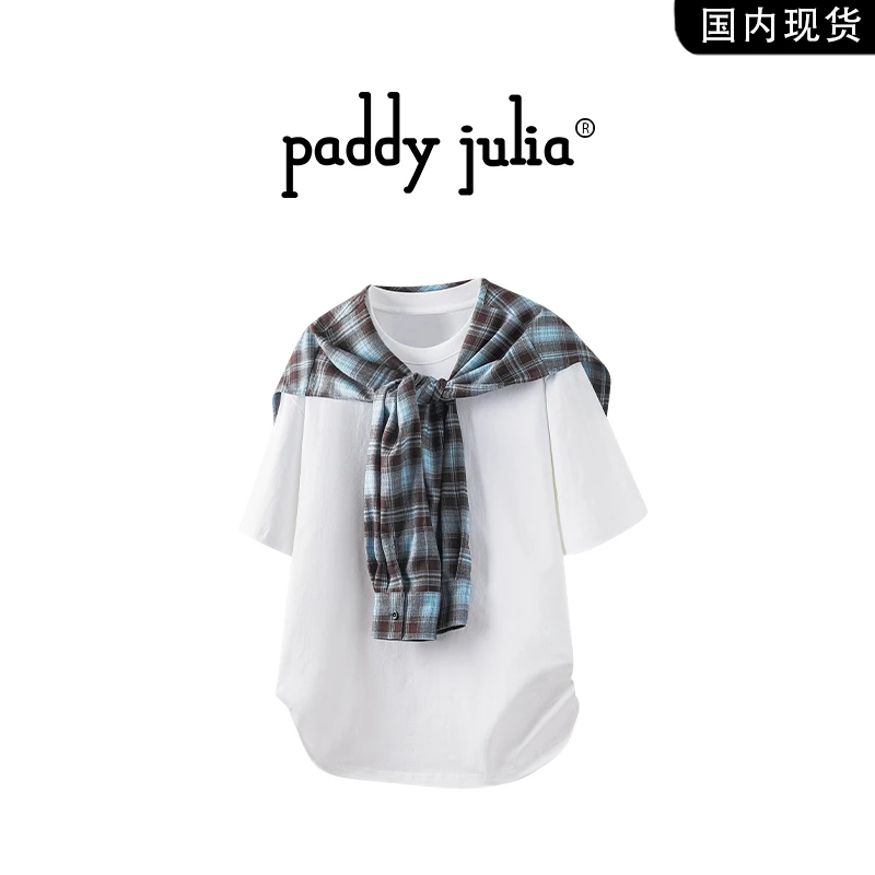 Paddy julia美式假两件短袖t恤男款夏季高街格子休闲披肩薄款上衣