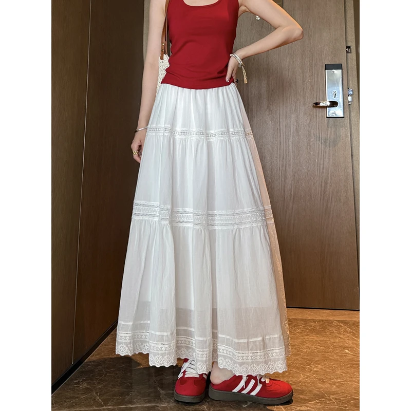 陈大钰 白色半身裙女春夏季a字温柔风蕾丝蛋糕法式大摆长裙子时尚