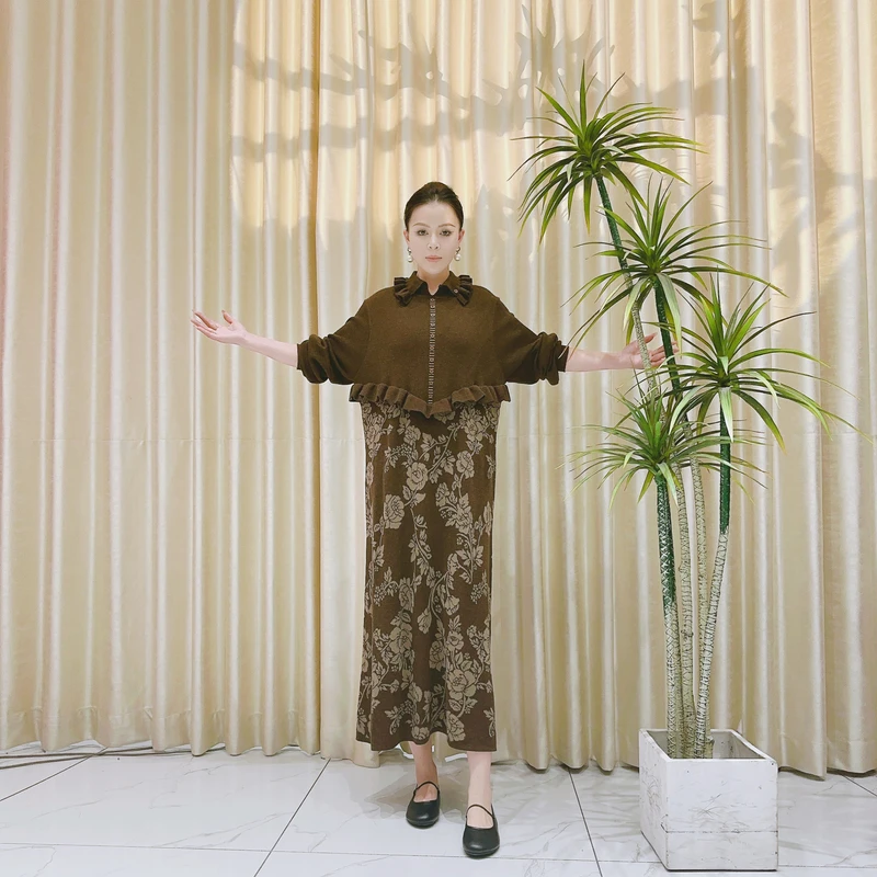 9863咖色花叶提花拼接设计款羊毛气质秋冬轻奢针织连衣裙时尚复古