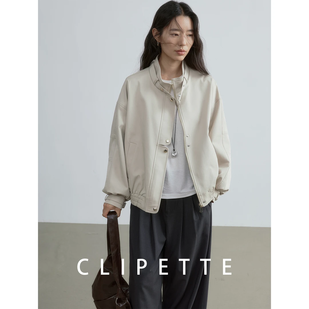 CLIPETTE 设计感莱赛尔棉立领分割门襟工装风夹克短外套女秋季