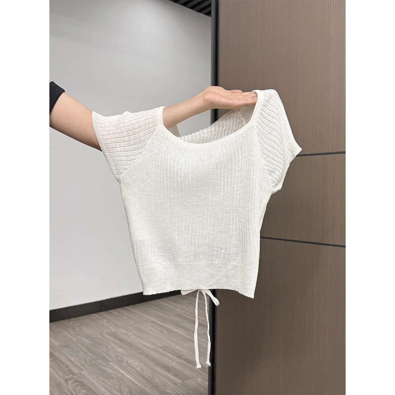 韩系针织短袖t恤女2025夏季新款修身短款上衣白色系带薄款设计感