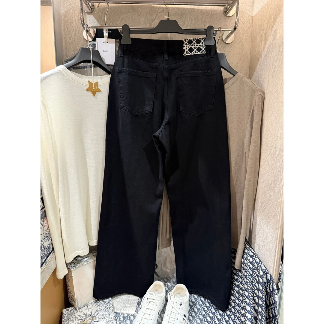 M1450 大直筒！裤长101 钉珠斜菱格黑色阔腿牛仔裤 款号VE358