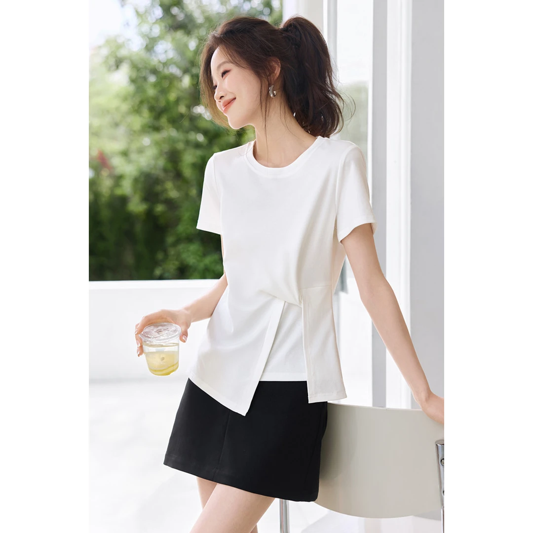 休闲不规则扭结设计感短袖T恤2025夏季新款收腰显瘦T恤