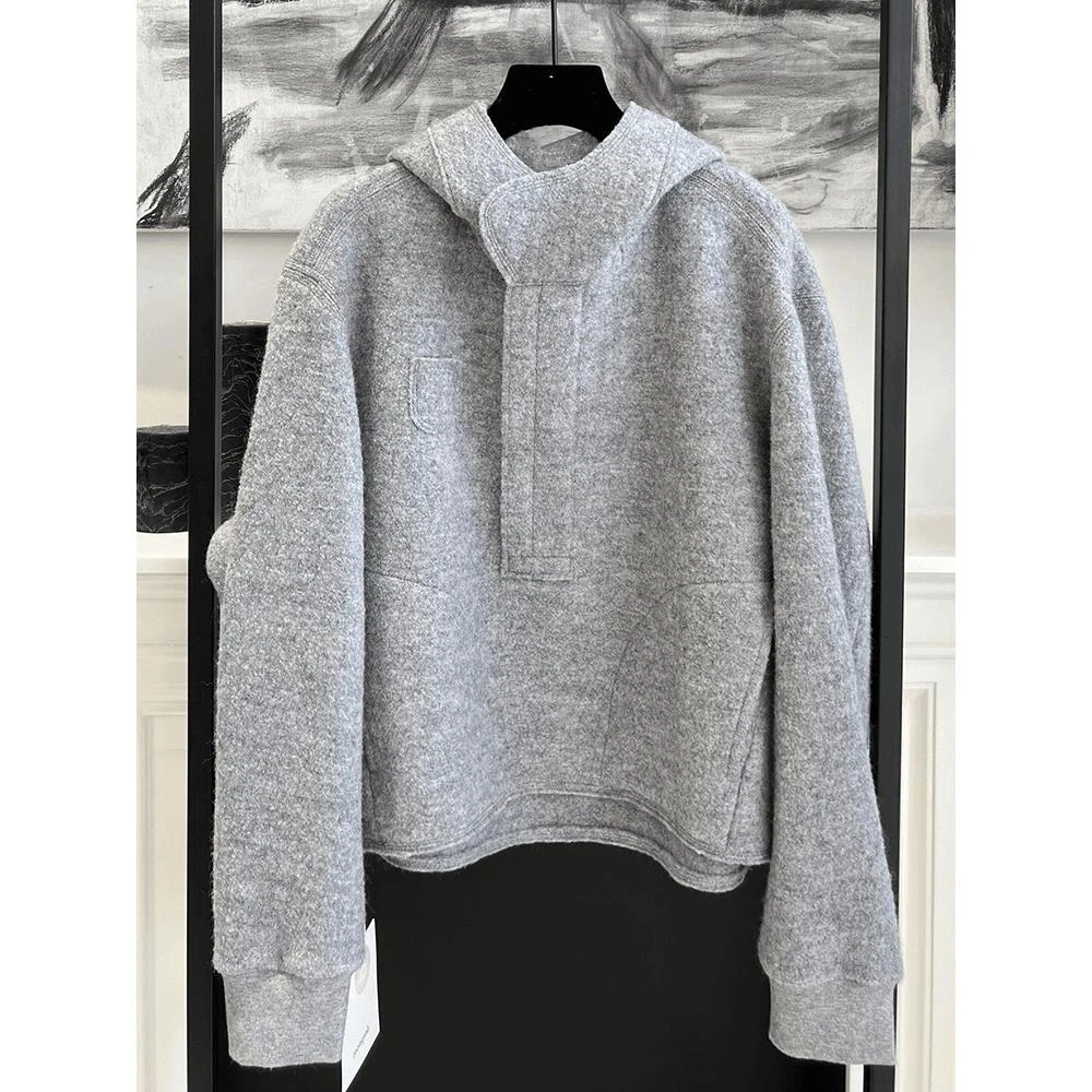 灰色连帽套头卫衣女秋季慵懒风高级感美式复古上衣时尚休闲百搭潮