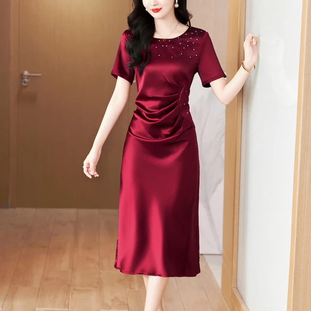 喜婆婆婚宴装2025新款高贵年轻收腰显瘦醋酸礼服连衣裙夏季中长款