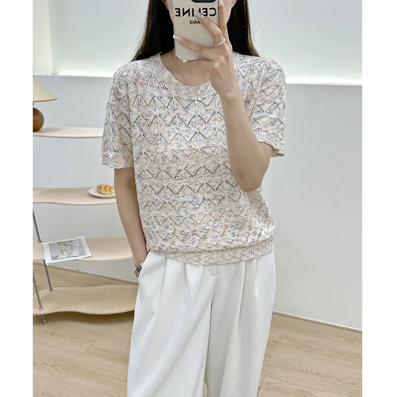 短袖镂空针织衫女薄款夏装新款时尚洋气宽松花纱休闲百搭上衣