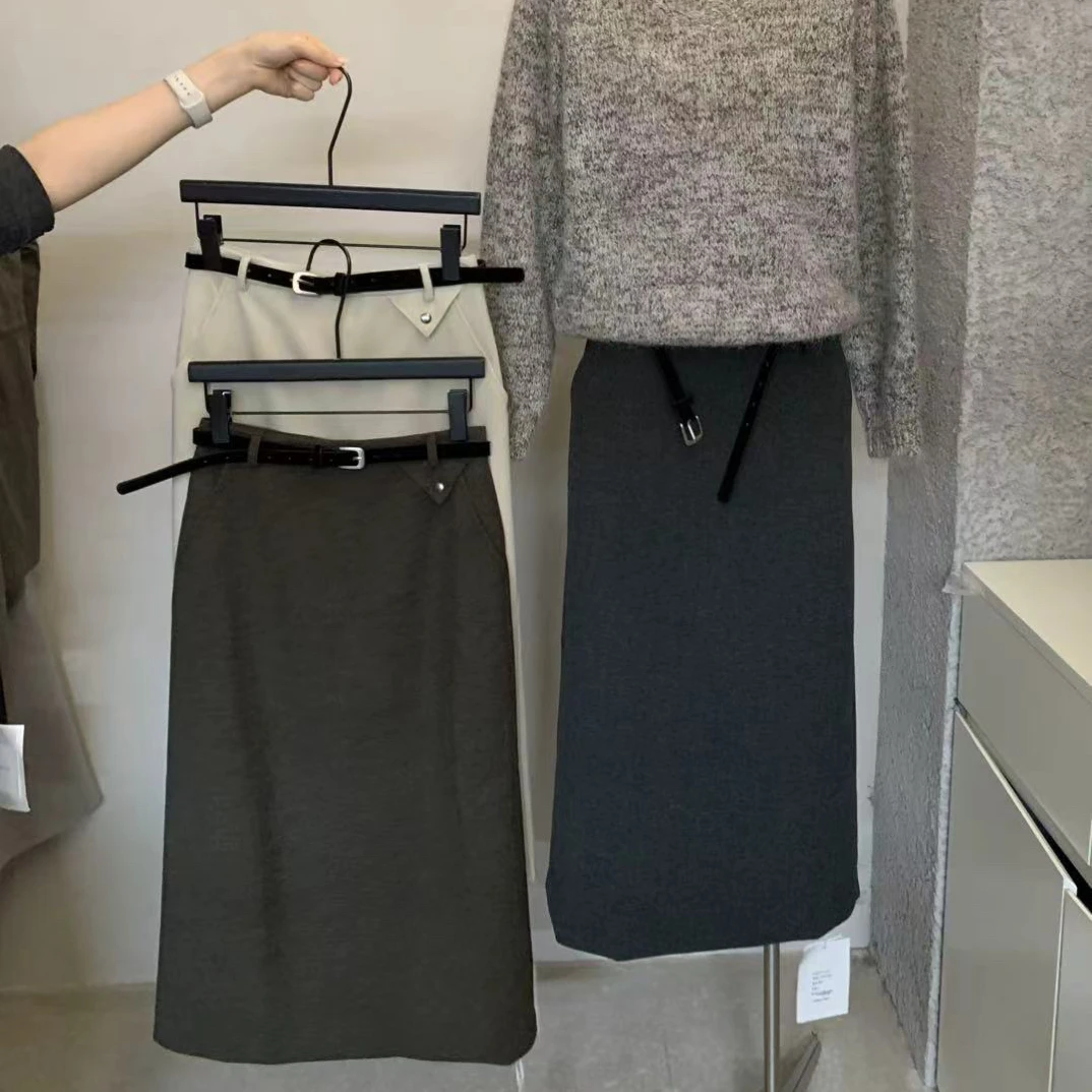 abow@83035 韩系简约高腰显瘦直筒毛呢设计师潮牌半身裙（S裙长86